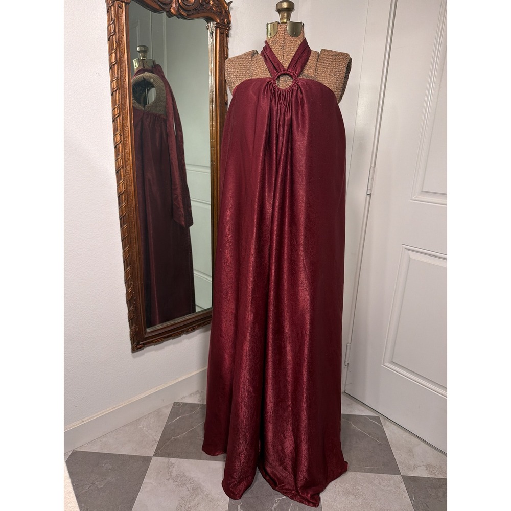 Aura Burgundy Halter O-Ring Satin Maxi Dress Wine Red Formal Evening Gown Small